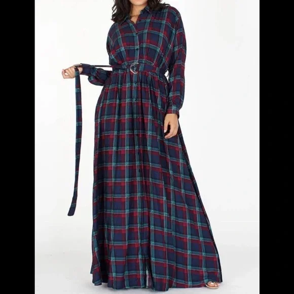 Plaid Maxi Dress, loose fit, with belt/pockets - Picture 1 of 5